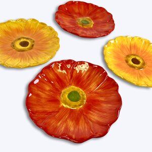 Vtg Cracker Barrel Flower Plates Set 4 Red Poppy Yellow Sunflower Salad Dessert